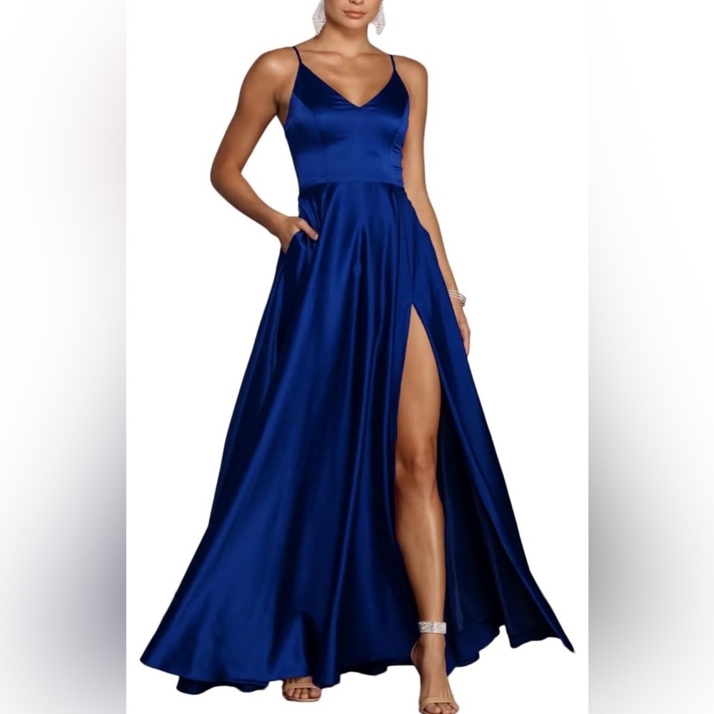 Spaghetti Strap Dresse Long Satin Formal Evening Gown with Slit and Beaded Belt